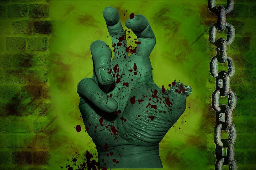 zombi, mà, cadena, horror, No-morts, monstre, os, mort, ferits, paret, Halloween