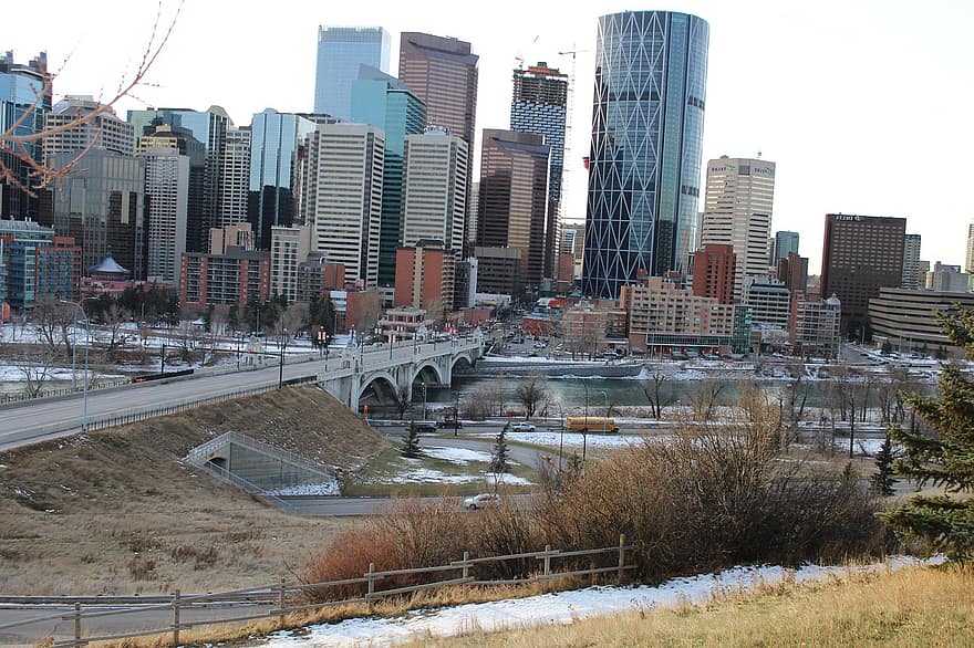 Calgary, Kanada, kaupunki, talvi-, lumi, Alberta, pilvenpiirtäjät, siluetti, rakennukset, kaupunkikuvan, keskustassa