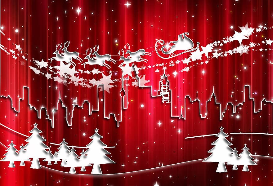 City, Nicholas, Reindeer, View, Digital, Blue, White, Snow, Silhouette, Christmas, Star