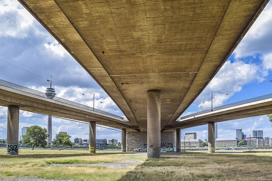 arkkitehtuuri, silta, betoni, Düsseldorf, tiet, ajotiet, rakentaminen, pylvään varret, ramppi sillat, rampit, kaistat