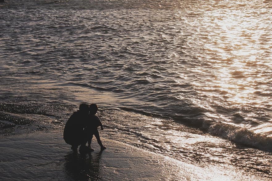 Father And Son, Beach, Sunset, Family, Sea, men, water, women, vacations, summer, adult