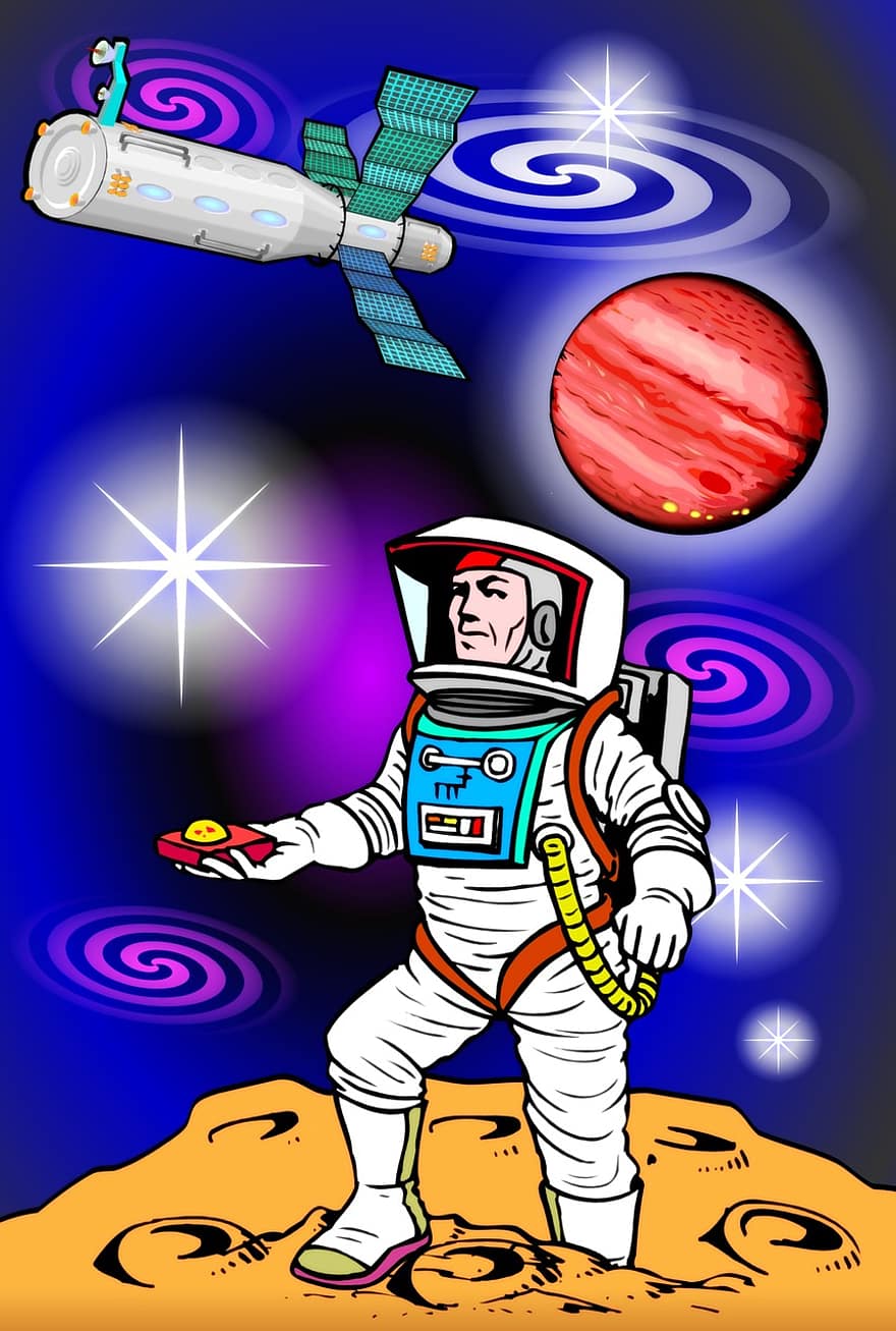 astronaute, espace, planète, des gamins, affiche, amusement, clipart, dessin, dessin animé, personnage, enfance