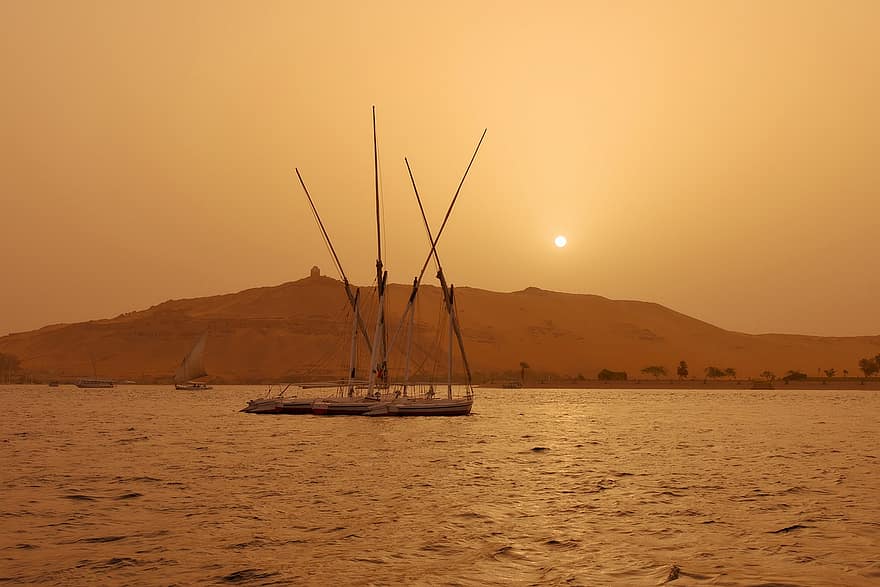 Boats, Flow, Sunset, Sun, Sailboats, Feluks, Nile, Landscape, Evening Atmosphere, Desert, Dune