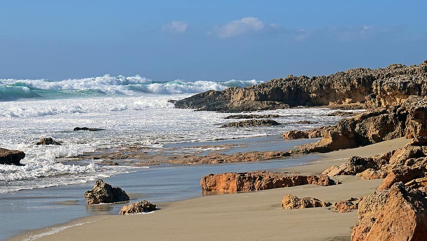 strand, sand, hav, vågor, kust, landskap, ayia napa, cypern, destination, resa, utforskning