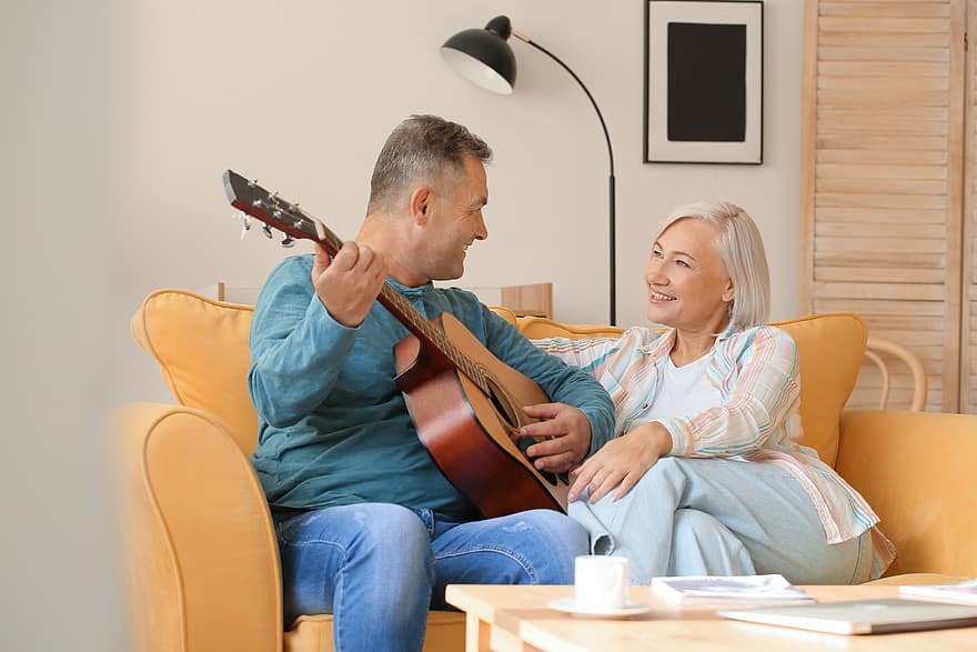 senior, couple, home, music, guitar, people, lifestyle, man, woman, indoor, daytime