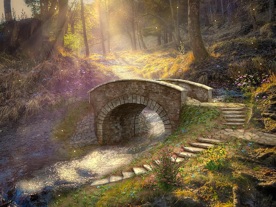 Fantasy, Dream, Sunlight, Sunshine, Flowers, River, Stream, Forest, Magical, Stairs, Bridge