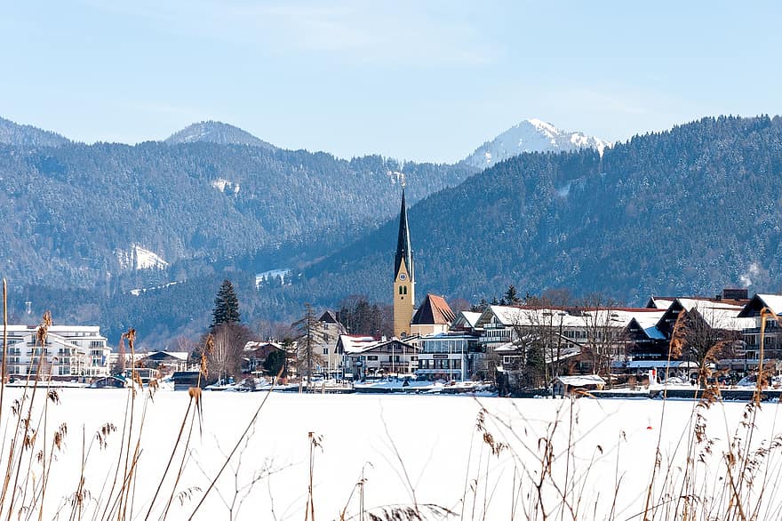 město, zimní, rottach-egern, bavaria, Německo, tegernsee, sníh, jezero, zamrzlý, kostel, kostelní věž