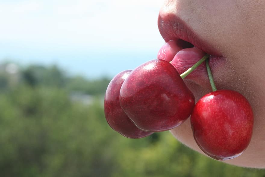 cseresznye, ajkak, édes, piros, száj