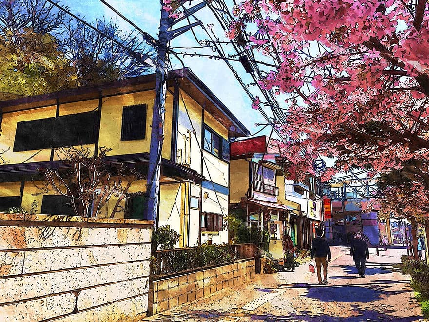 Kamakura, Japan, steeg, kant, straat, gemeenschap, boom, buitenshuis, structuur, huis, hek
