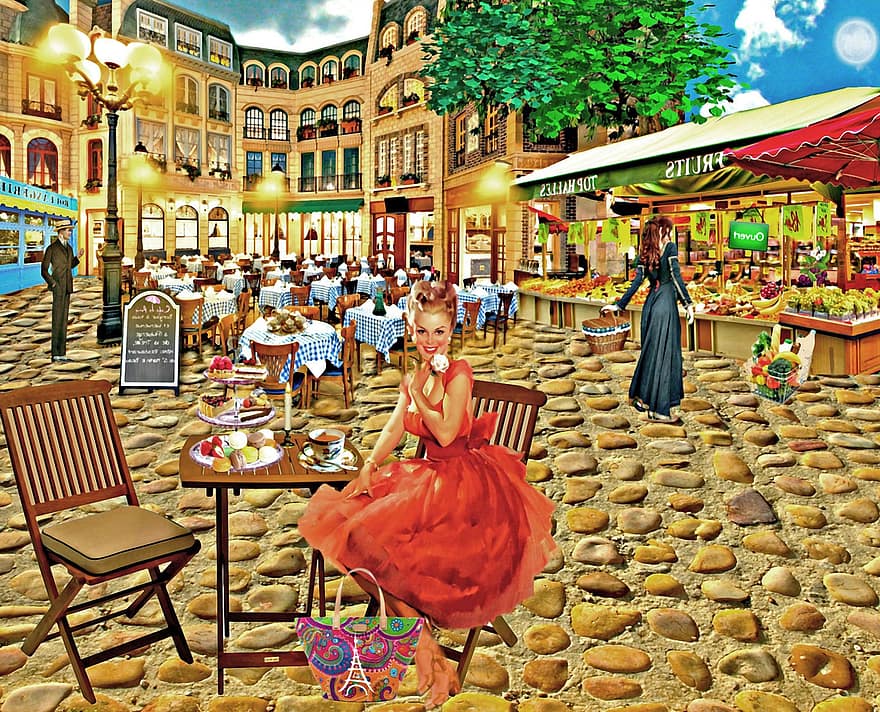 مارلين مونرو ، باريس ، فرنسي ، ممثلة ، مقهى في الهواء الطلق ، التسوق ، يتناول الطعام ، مطعم ، حانة صغيرة ، عتيق ، الرجعية