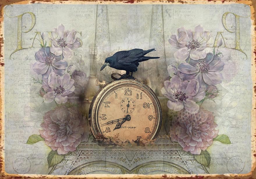 czas, wrona, zegar, zabytkowe, kwiaty, tło, staromodny, stary, antyczny, kwiat, tła