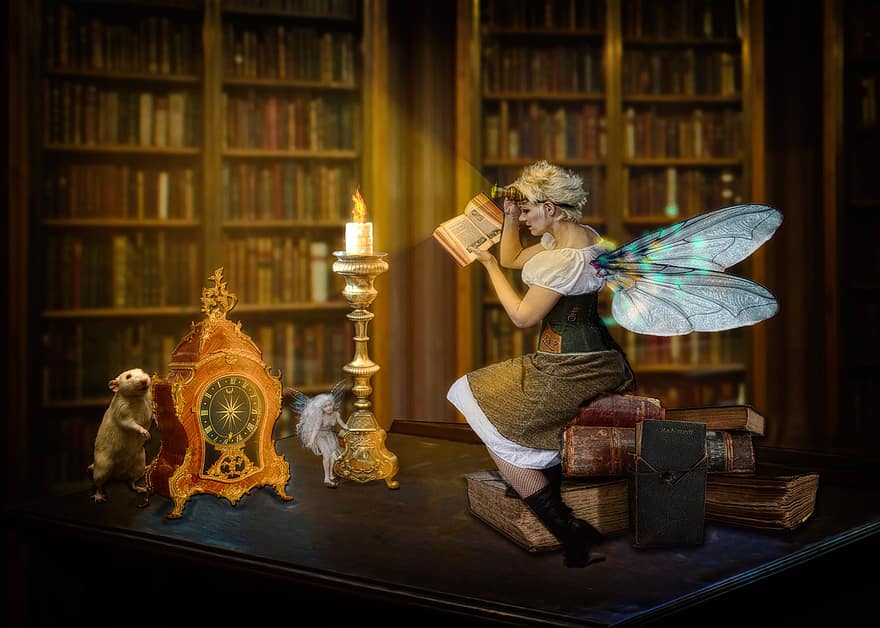 книги, читати, література, знання, фея, фантазія, миша, письмовий стіл, свічка, світло, крило