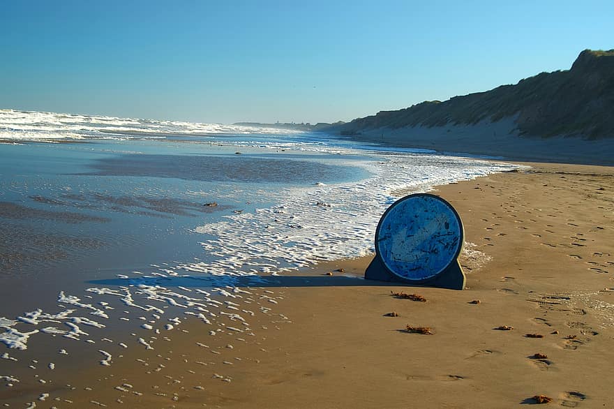 plage, la mer du Nord, côte de la mer du nord, Panneau de signalisation, signe, le sable, littoral, eau, paysage, bleu, été