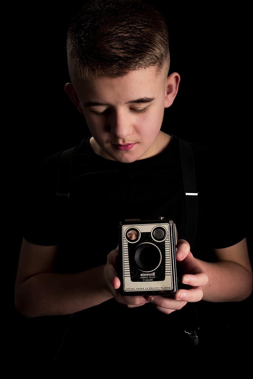 Boy, Teen, Old Camera, Male, Teenager, Model, Young, Vintage, Retro, Antique, Pose