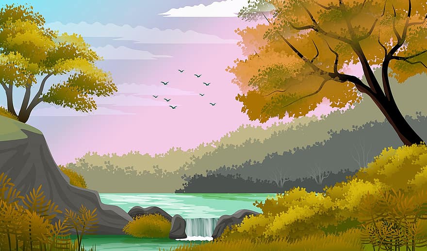 illustrazione, sfondo, paesaggio, disegno, arte, albero, foresta, rio, acqua, cascata, autunno
