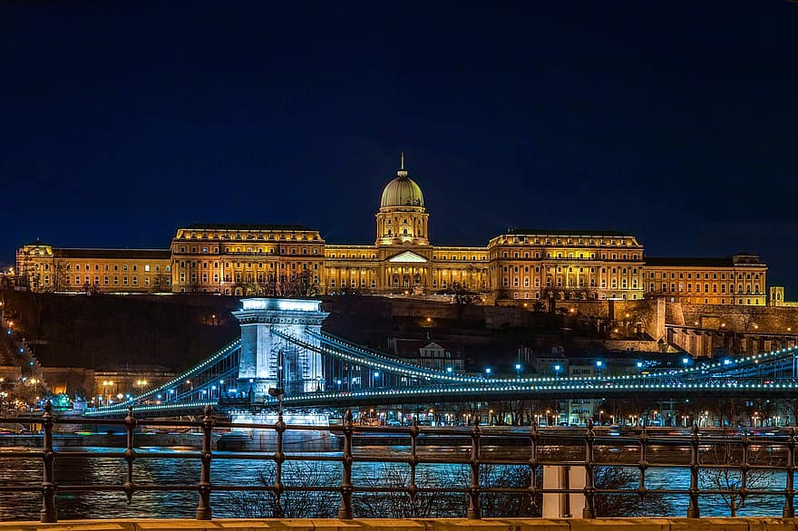 budapest, puente, castillo, noche, puente de cadena, puente de la cadena szechenyi, Danubio, ciudad, río, palacio, punto de referencia