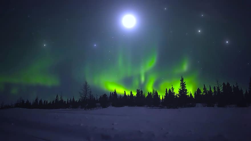 Північне сяйво, ніч, природи, місячне світло, місяць, зима, сніг