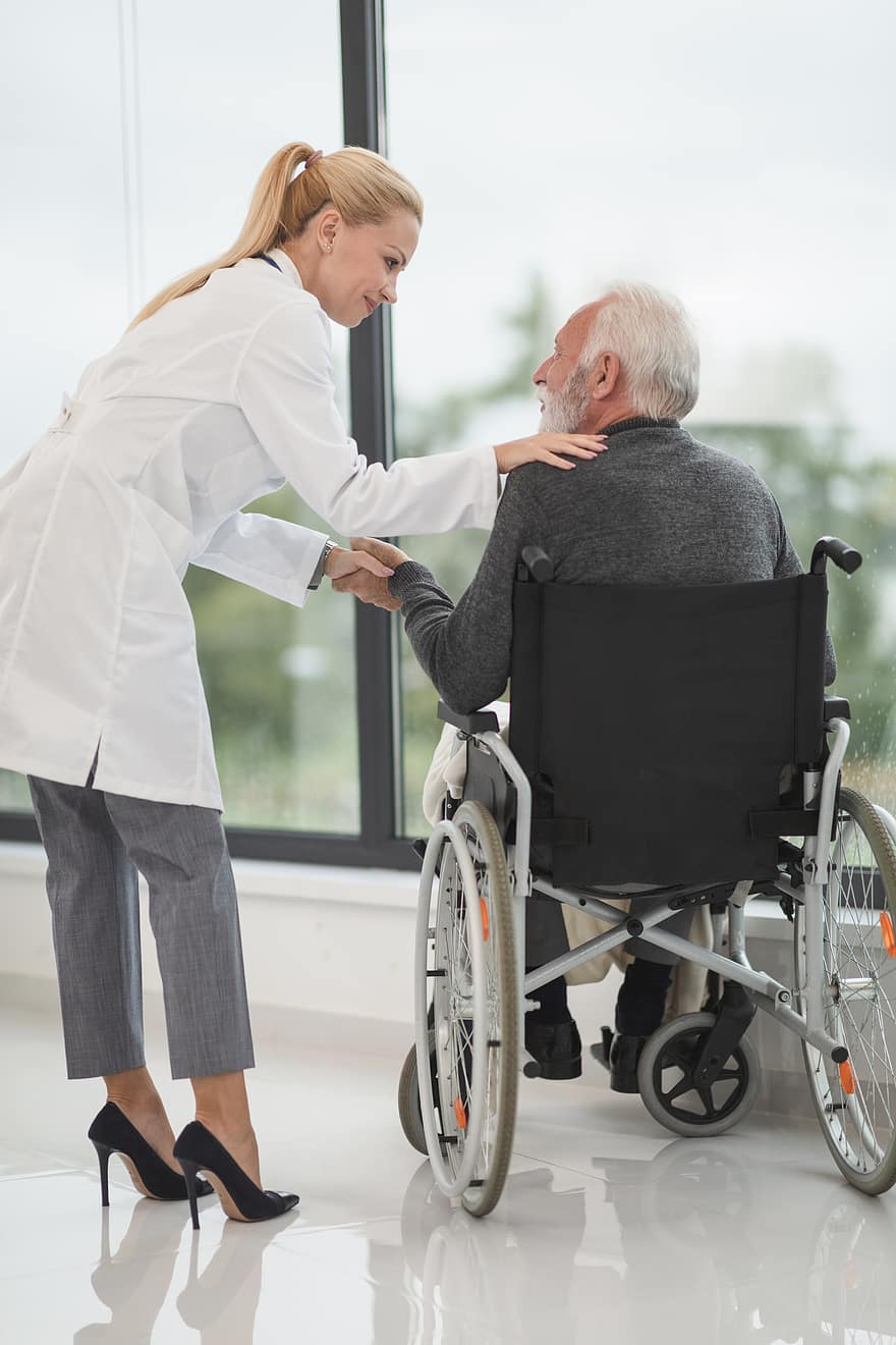 інвалідний візок, людина, жінка, пацієнт, медсестра, старший, самка, інваліди, лікар, літні люди, лікарні