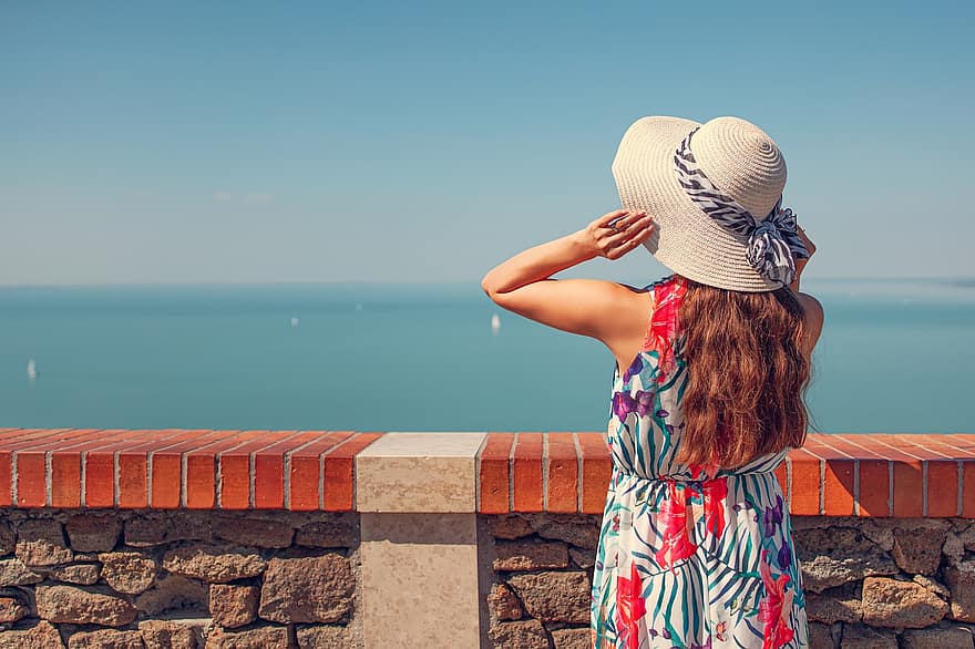 Woman, Hat, Dress, View, Lake, Sky, Horizon, Water