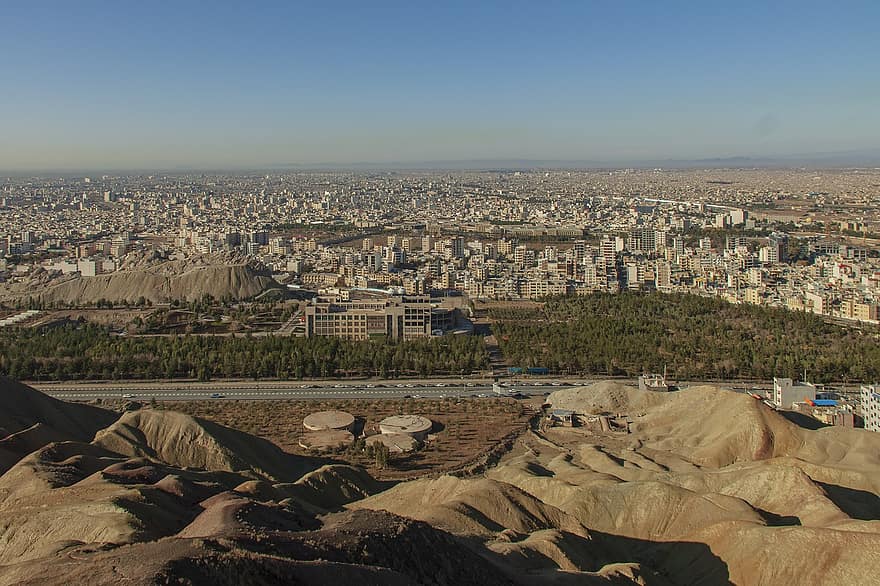 Irán, Qom, város, panoráma, épületek, városkép, belváros, városi, légi felvétel, magas szög kilátás, városi látkép