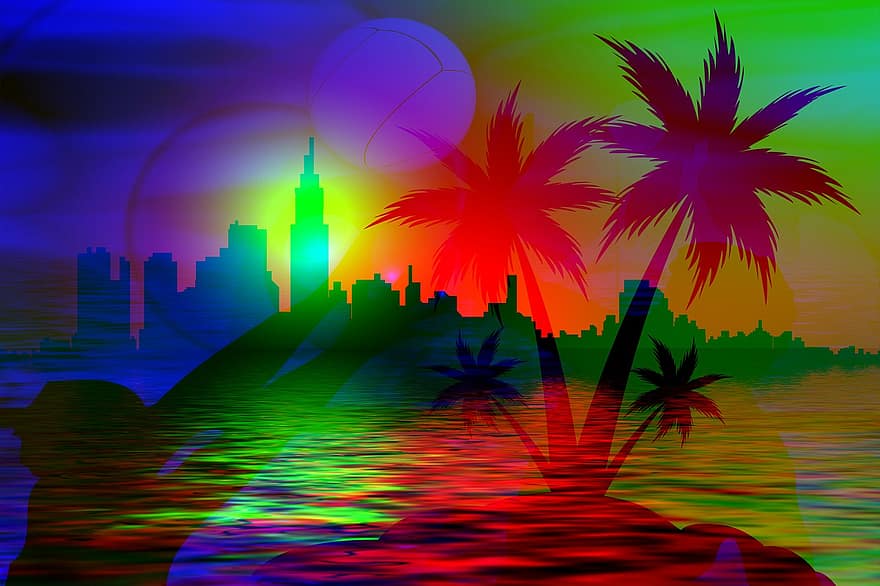 palm, skyline, vann, bølge, abstrakt, ferier