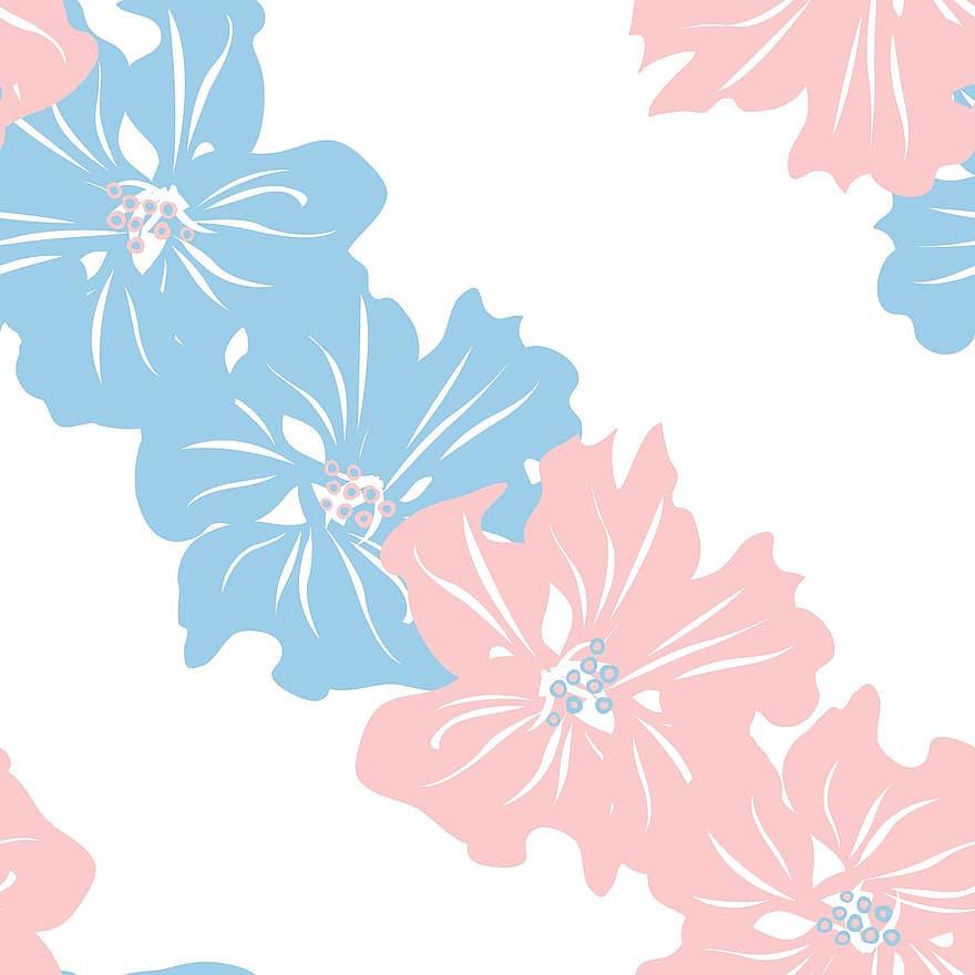 Floral, Pattern, Background, Flowers, Bloom, Blossom, Pastel, Pink, Blue, Tropical, Print