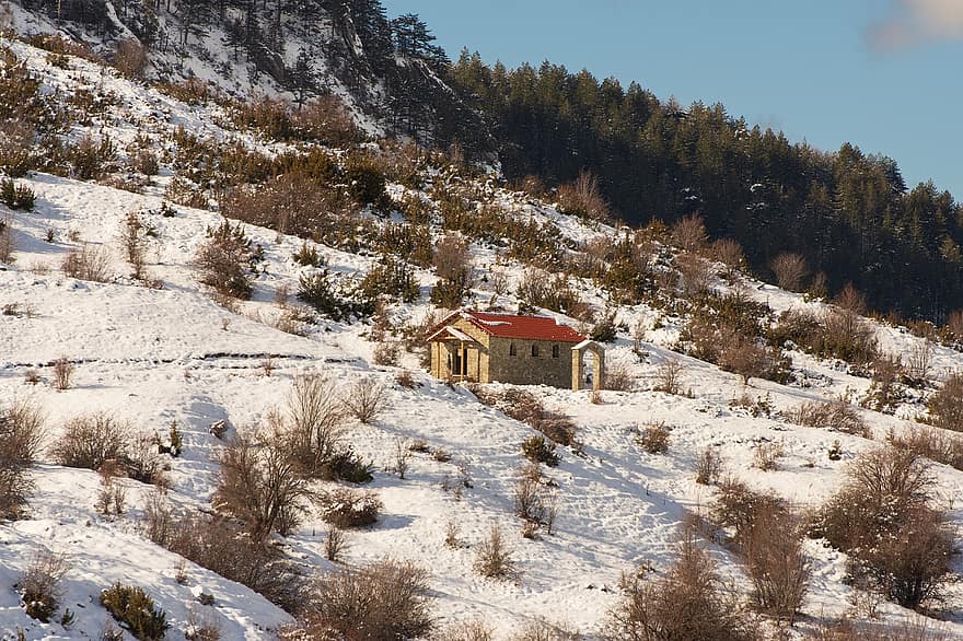 montagna, la neve, Chiesa, inverno, villaggio, alberi, freddo, paesaggio, campagna, Kastoria