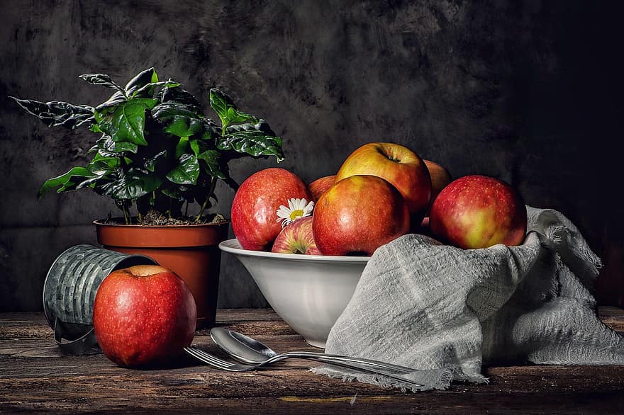 แอปเปิ้ล, ผลไม้, ยังมีชีวิตอยู่, สุนทรียศาสตร์แบบชนบท, ความสด, อาหาร, รับประทานอาหารเพื่อสุขภาพ, อินทรีย์, เนื้อไม้, ตาราง, ใบไม้