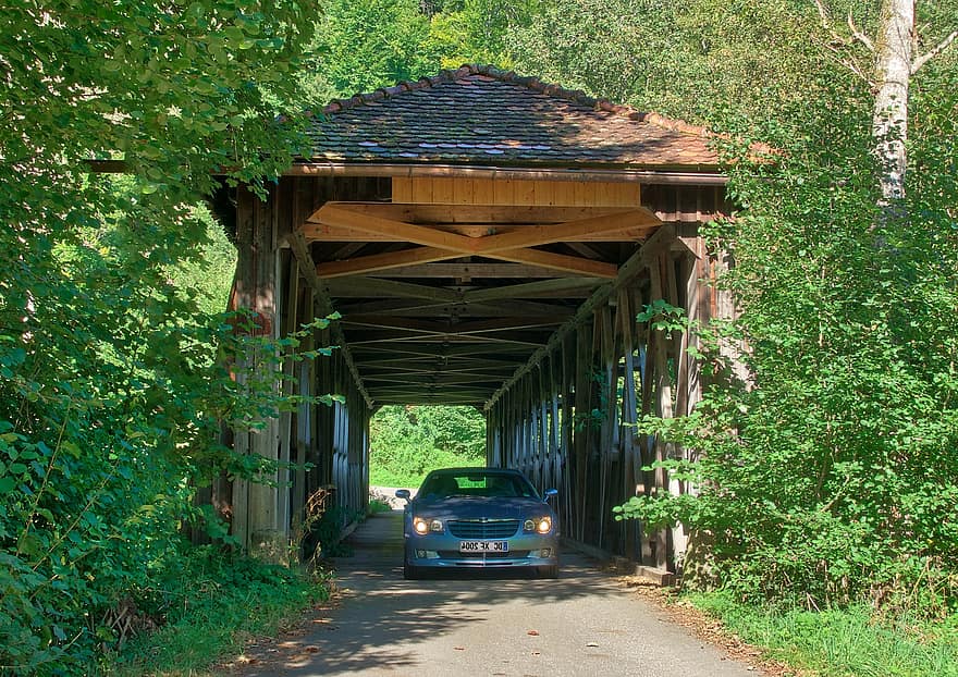 auto-, houten brug, chrysler, kruisvuur