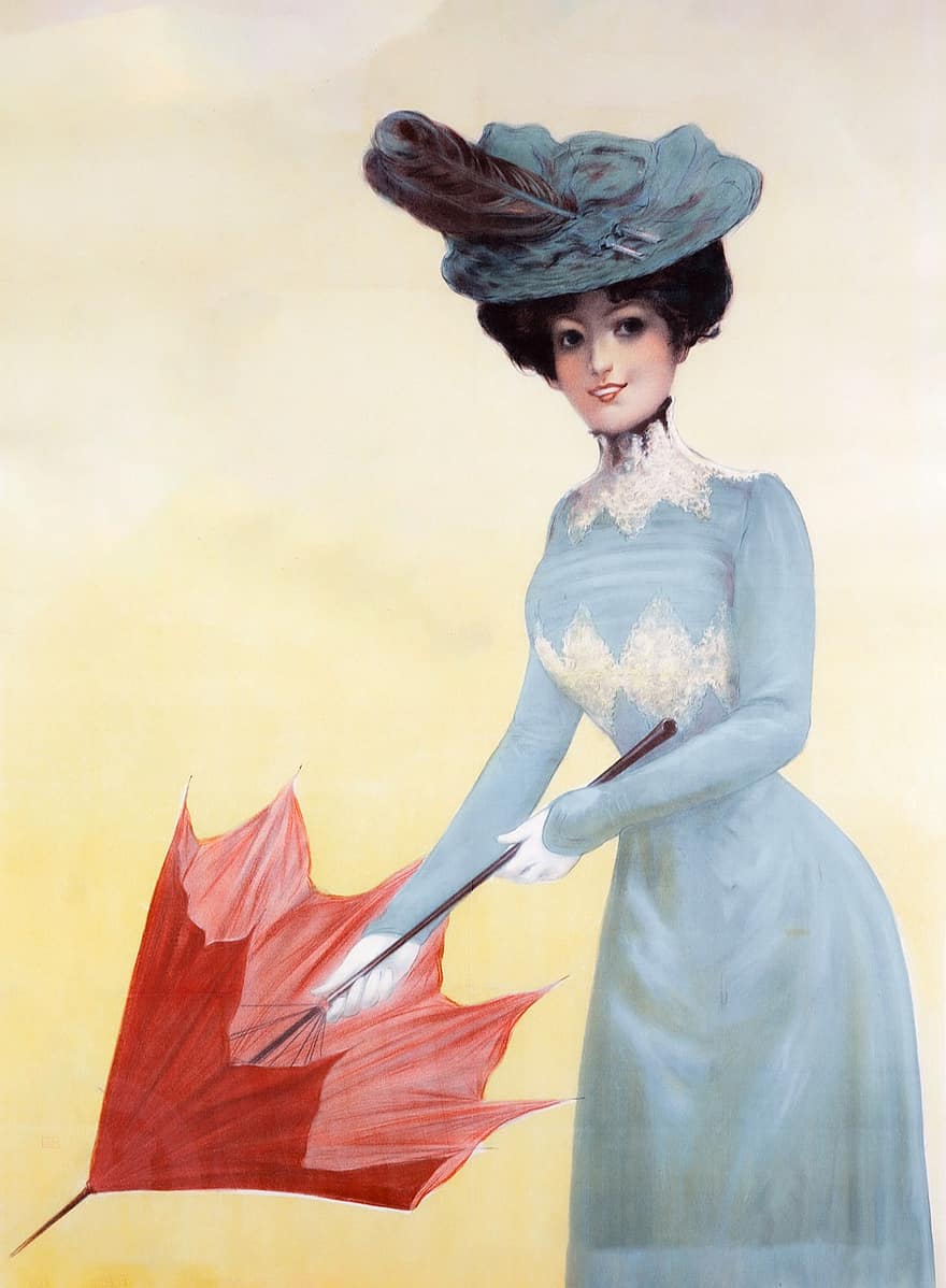moteris, skėtis, sekmadienis geriausia, apsirengęs, prabangus, skrybėlę, ponia, tapyba, derliaus, laimingas, graži