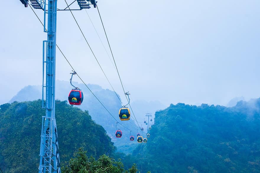 huong pagoda, Funivie, montagna, tram del cielo, Vietnam, mezzi di trasporto, blu, la neve, sport, viaggio, funivia aerea