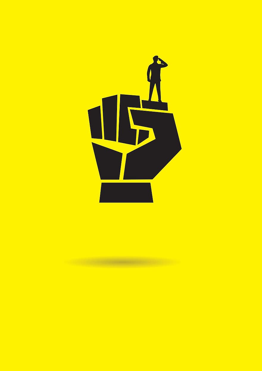 Solider, Salute, Man, Fist, Hand, Fingers, Yellow, Sign, Power, Symbol, Fight