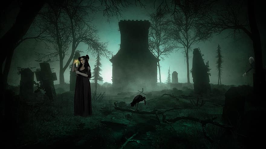 kvinde, kirkegård, fantasi, heks, Skov, sort, gnome, uhyggelig, træer, mystisk skov, digital kunst