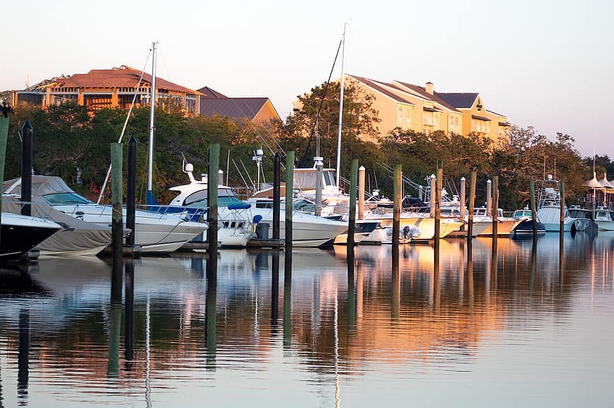 Boats, Yachts, Marina, Wharf, Boat Yard, Water, Harbor, Reflection, Water Reflection, Charleston, South Carolina
