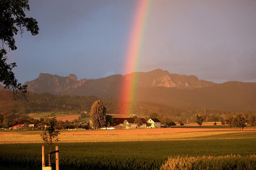 regnbue, regn, vær, landskap, solnedgang, sommer, blå, våningshus, foten av, alpine foten, Katzenstein