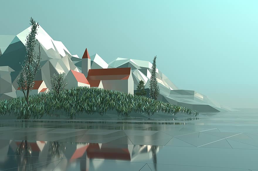 Low Poly, 3d, Rendering, City, Town, Italy, Toscana, Switzerland, Lake, Church, Houses