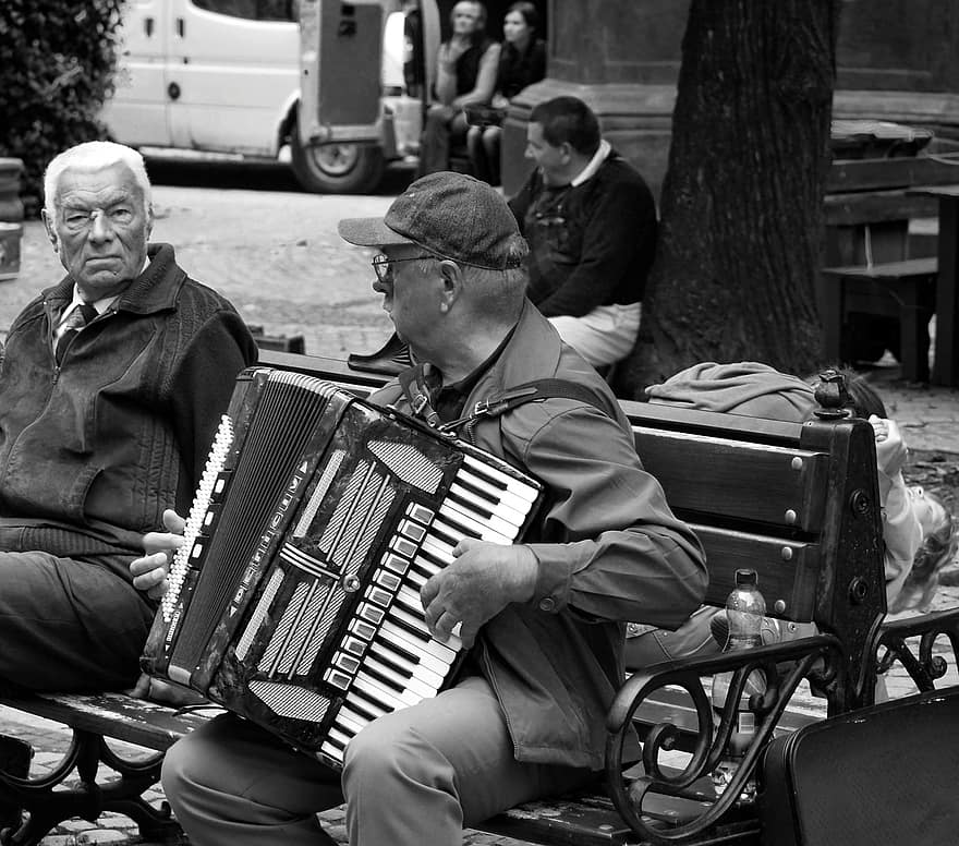 công viên, nhạc sĩ, nghệ sĩ đường phố, đàn accordion, đàn ông, nhạc cụ, đen và trắng, biên tập, đang chơi, người lớn, người biểu diễn