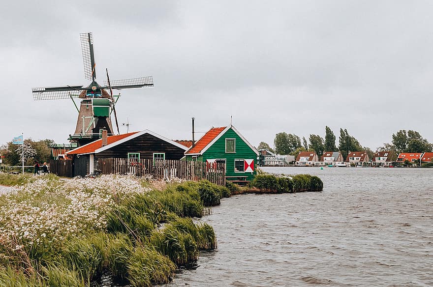 szélmalom, Hollandia, malom, holland, szél, víz, tájkép, ég, építészet, régi, folyó