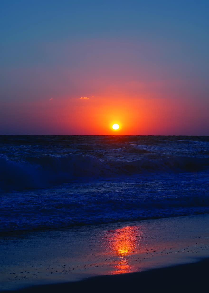 západ slunce, pláž, vln, oceán, moře, přímořská krajina, slunce, soumrak, horizont, nebe, písek