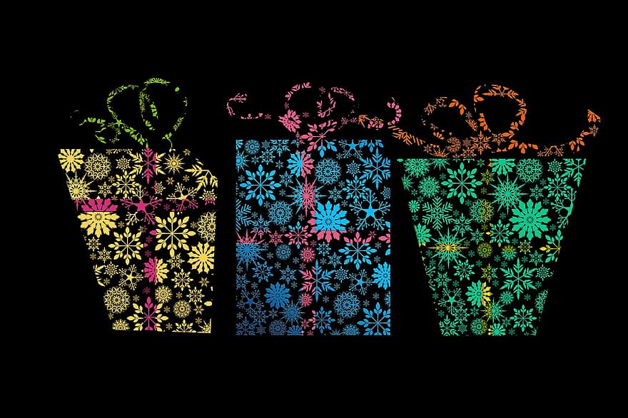 Gifts, Presents, Packages, Snowflakes, Pattern, Christmas, Background, Christmas Motif, Decoration, Winter, Lighting