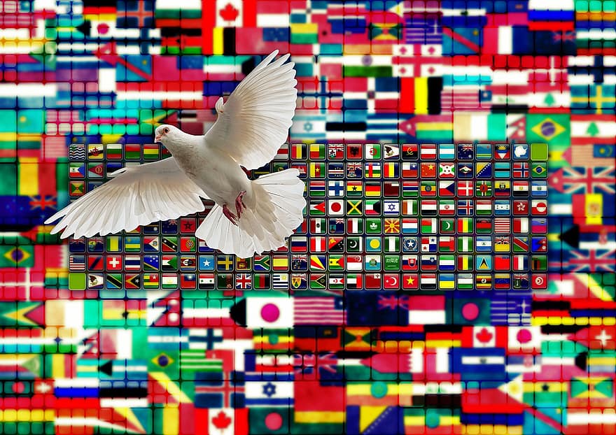 旗、鳩、平和の鳩、調和、世界平和、シンボル、地球、世界、グローバル、国際、世界的に