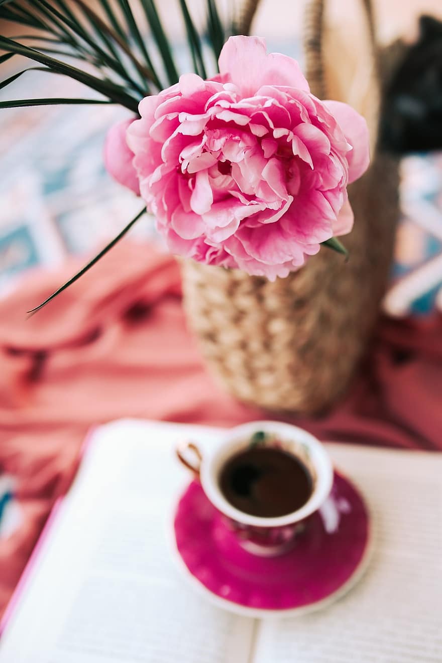 Rosa, flor, café, flor rosa, pétalos, pétalos de rosa, floración, flora, mesa, beber, de cerca