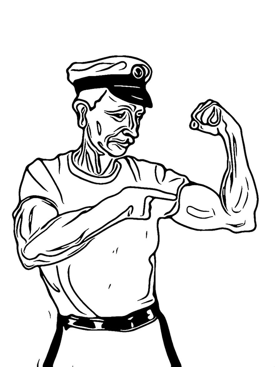 sjöman, roligt, skiss, originalverk, muskler, nautisk, penna och bläck, översikt