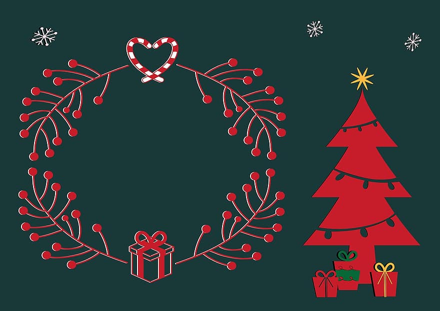 Kalėdų motyvas, Kalėdinis atvirukas, modernus, kadras, Kalėdų eglutė, Kalėdos, dovanos, poinsettia, raudona, žalias, dekoratyvinis