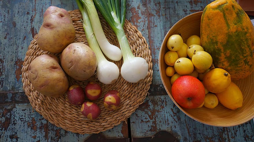 verdures, patates, ceba tendra, fruites i verdures, aliment, saludable, frescor, menjar, vegetals, orgànic, fruita
