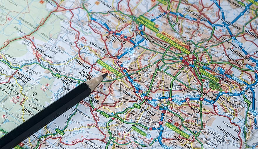 지도, 연필, 항해, 도로, GPS, 위치, 여행, 노선, 목적지, 방향, 시티