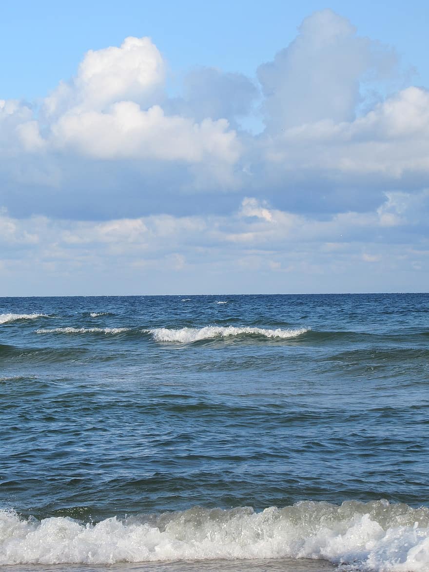 zee, golven, wolken, schuim, hemel, horizon, strand, natuur, landschap, Golf, blauw