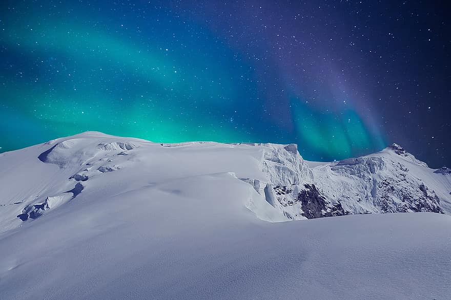 aurora borealis, kalnas, sniegas, žiemą, aurora, poliariniai žibintai, Šiaurės pašvaistė, pietinės šviesos, Geomagnetinė audra, naktinis dangus, dangus