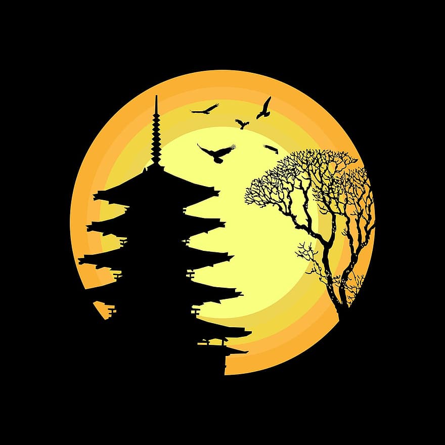 ptáků, chrám, strom, měsíc, noc, soumrak