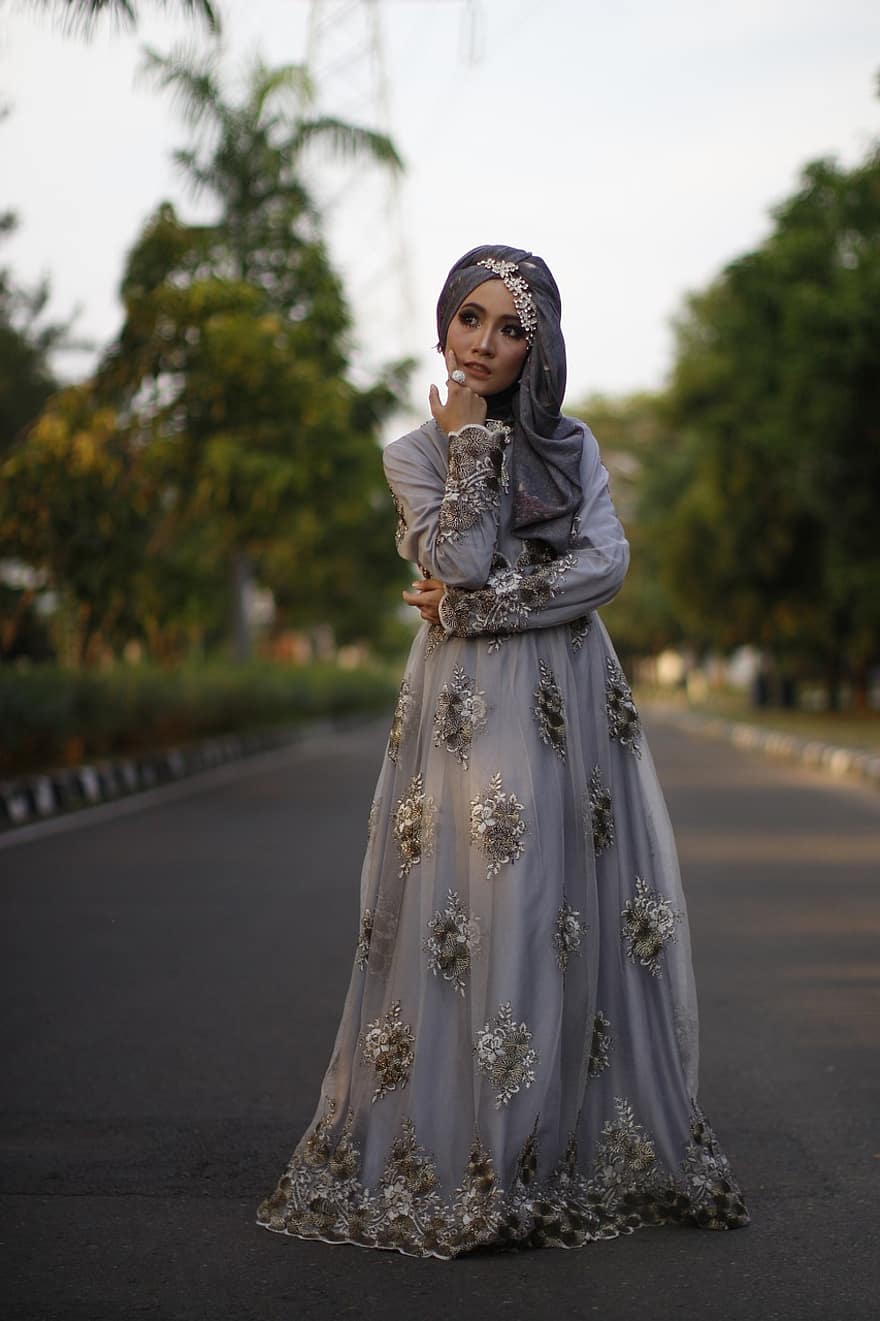 model-, hijab, meisje, moslim, vrouw, portret, Islam, Indonesië, hoofddoek, ogen, jong